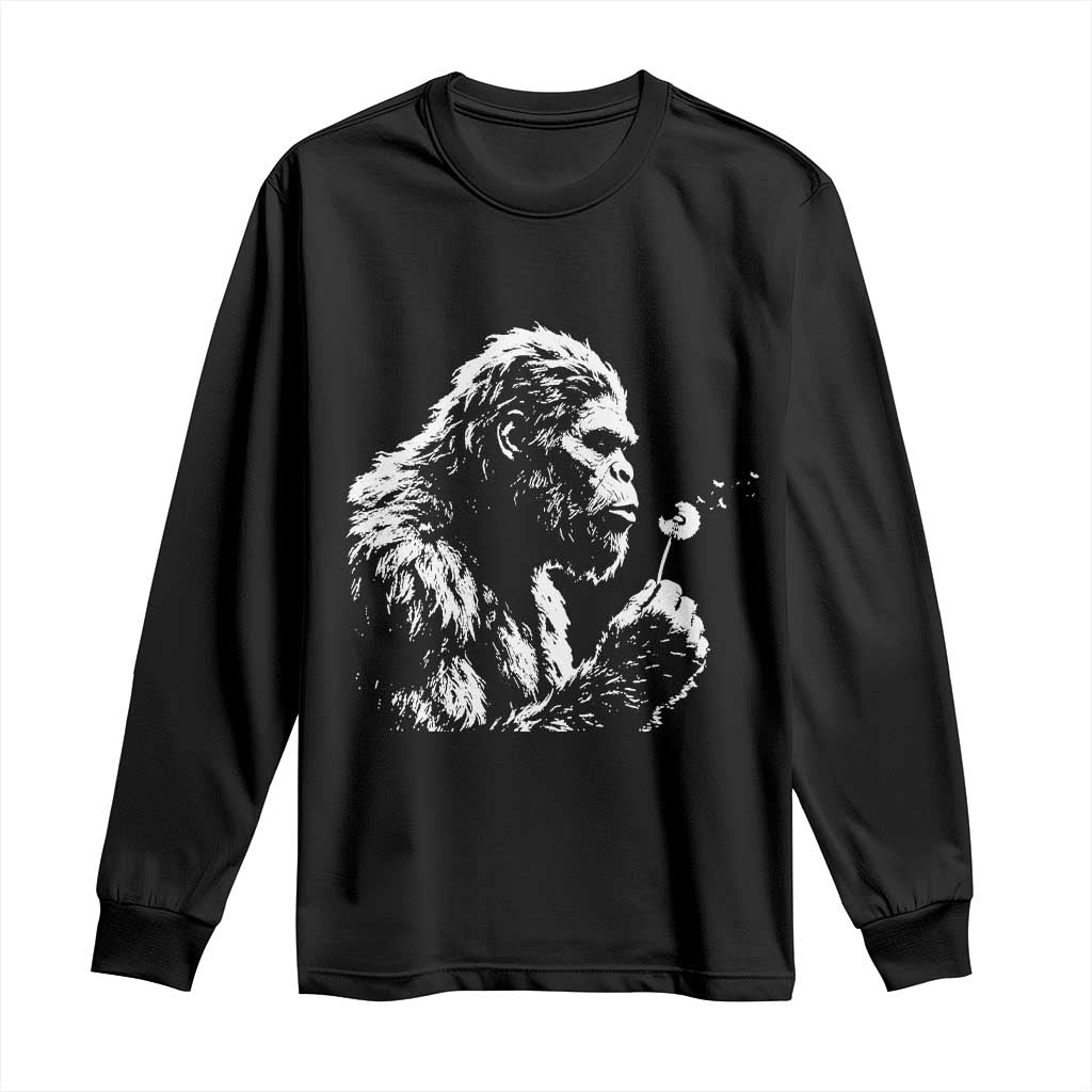 Bigfoot Blowing Dandelion Flower Graphic Long Sleeve Shirt Whimsical Sasquatch Profile Artistic Vintage Distressed TS02 Black Print Your Wear