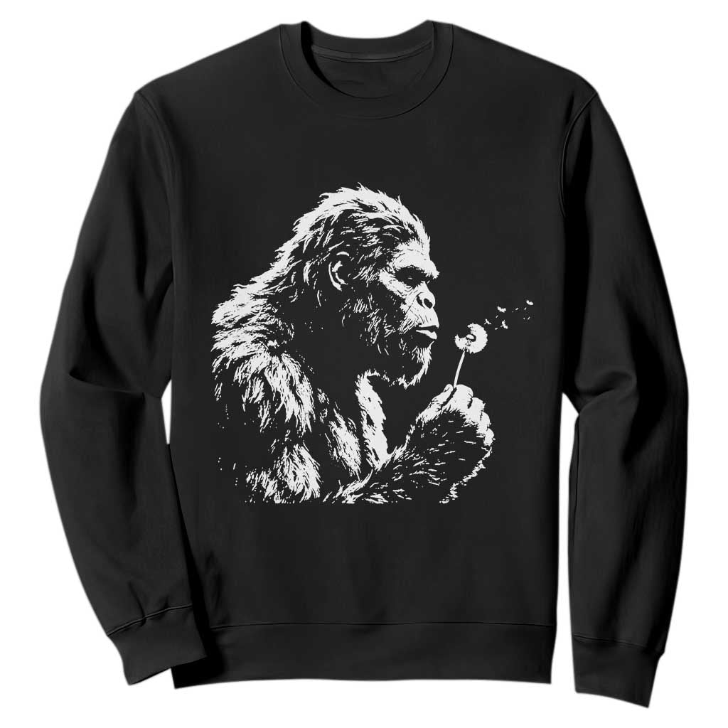 Bigfoot Blowing Dandelion Flower Graphic Sweatshirt Whimsical Sasquatch Profile Artistic Vintage Distressed TS02 Black Print Your Wear