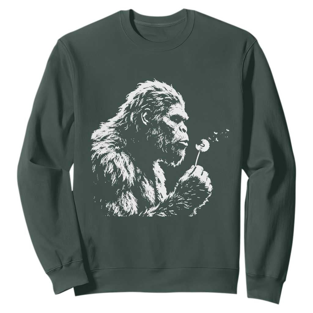Bigfoot Blowing Dandelion Flower Graphic Sweatshirt Whimsical Sasquatch Profile Artistic Vintage Distressed TS02 Dark Forest Green Print Your Wear