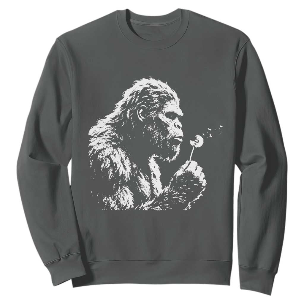 Bigfoot Blowing Dandelion Flower Graphic Sweatshirt Whimsical Sasquatch Profile Artistic Vintage Distressed TS02 Dark Heather Print Your Wear