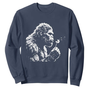 Bigfoot Blowing Dandelion Flower Graphic Sweatshirt Whimsical Sasquatch Profile Artistic Vintage Distressed TS02 Navy Print Your Wear