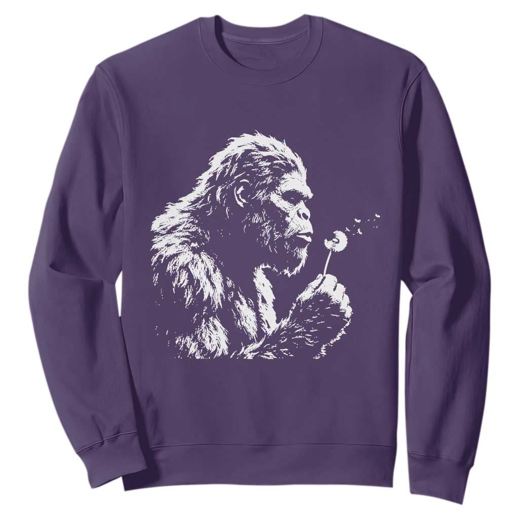 Bigfoot Blowing Dandelion Flower Graphic Sweatshirt Whimsical Sasquatch Profile Artistic Vintage Distressed TS02 Purple Print Your Wear