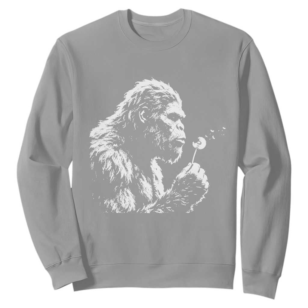 Bigfoot Blowing Dandelion Flower Graphic Sweatshirt Whimsical Sasquatch Profile Artistic Vintage Distressed TS02 Sport Gray Print Your Wear
