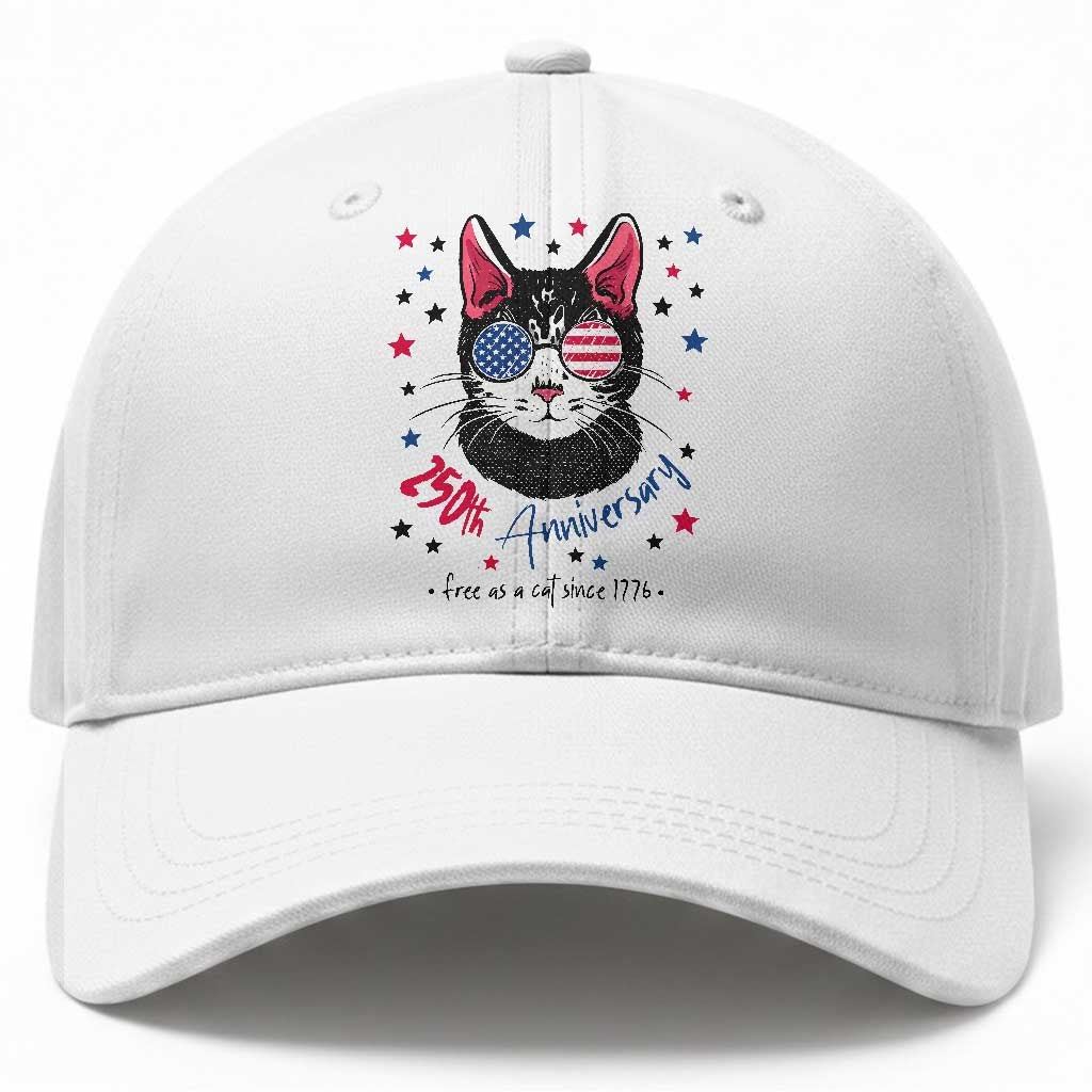 Free As A Cat Since 1776 Funny Patriotic Baseball Cap Cool American Flag Sunglasses Cat 250th Anniversary Semiquincentennial TS02 Print Your Wear