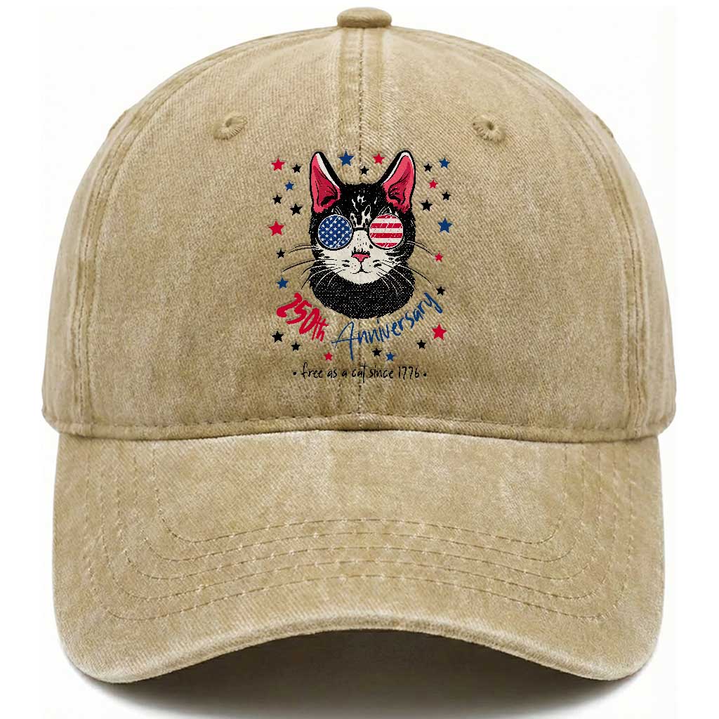 Free As A Cat Since 1776 Funny Patriotic Washed Cotton Baseball Cap Cool American Flag Sunglasses Cat 250th Anniversary Semiquincentennial TS02 Print Your Wear