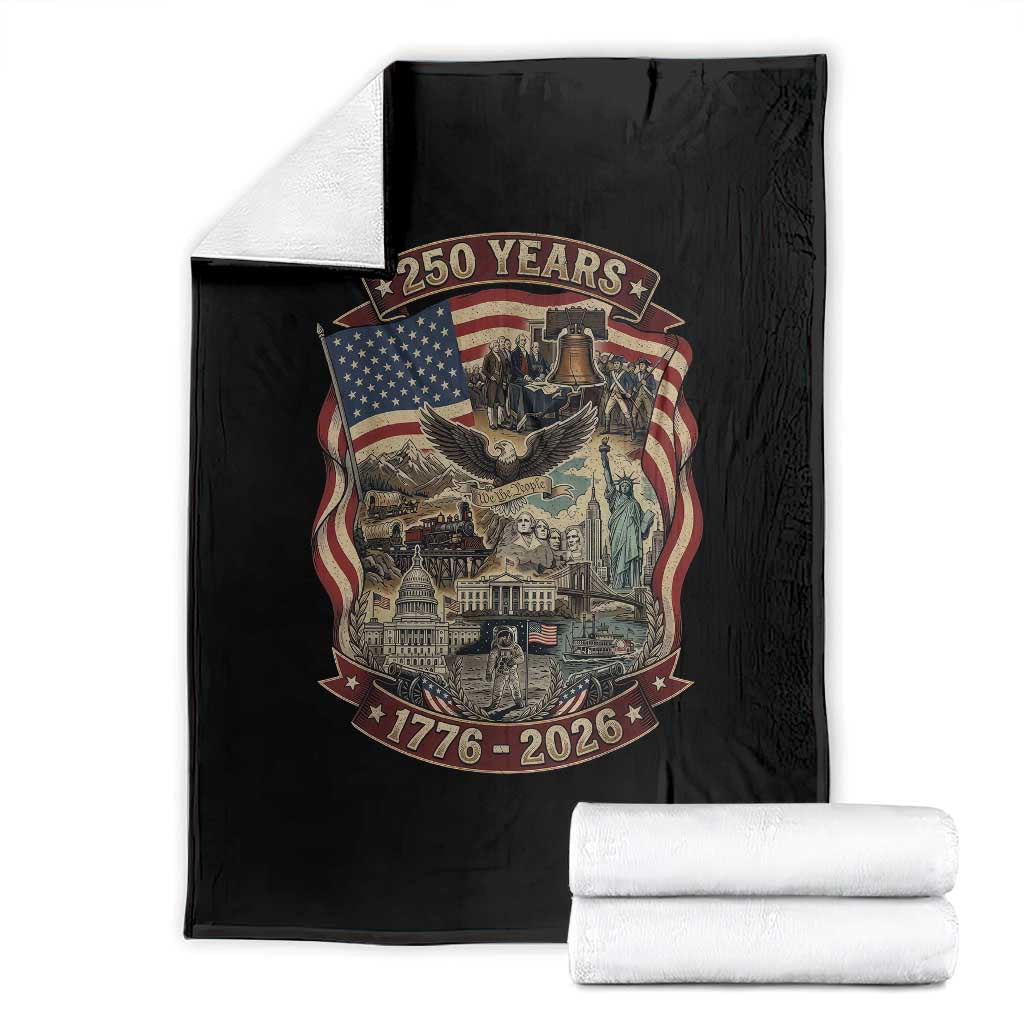 250 Years 1776 to 2026 Ultimate American Landmark Collage Throw Blanket Liberty Bell Eagle and US Flag Semiquincentennial Patriotic TS02 Black Print Your Wear