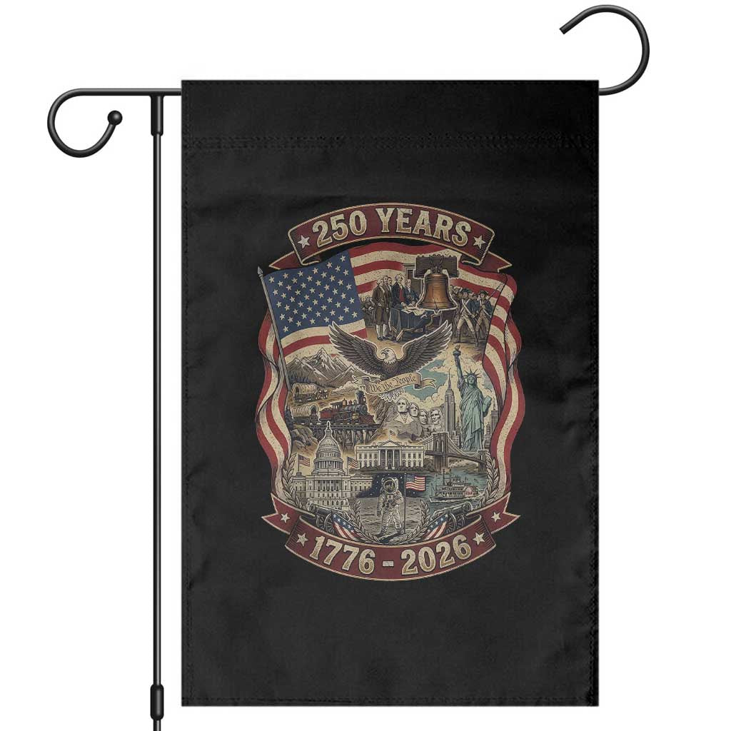 250 Years 1776 to 2026 Ultimate American Landmark Collage Garden Flag Liberty Bell Eagle and US Flag Semiquincentennial Patriotic TS02 Black Print Your Wear