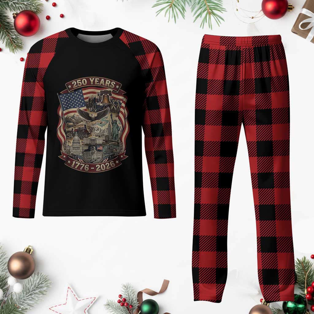 250 Years 1776 to 2026 Ultimate American Landmark Collage Plaid Pajama Set Liberty Bell Eagle and US Flag Semiquincentennial Patriotic TS02 Buffalo Plaid Print Your Wear