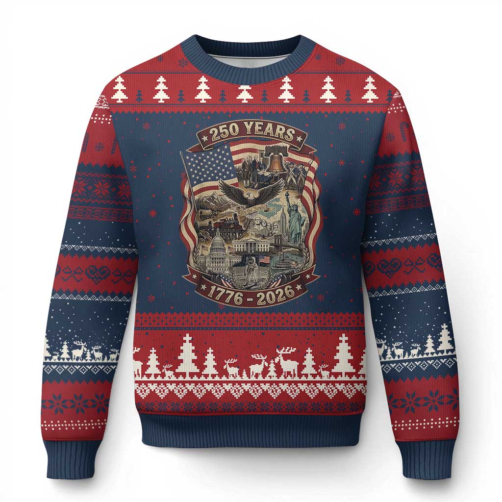 250 Years 1776 to 2026 Ultimate American Landmark Collage Ugly Christmas Sweater Liberty Bell Eagle and US Flag Semiquincentennial Patriotic TS02 Navy Red Print Your Wear