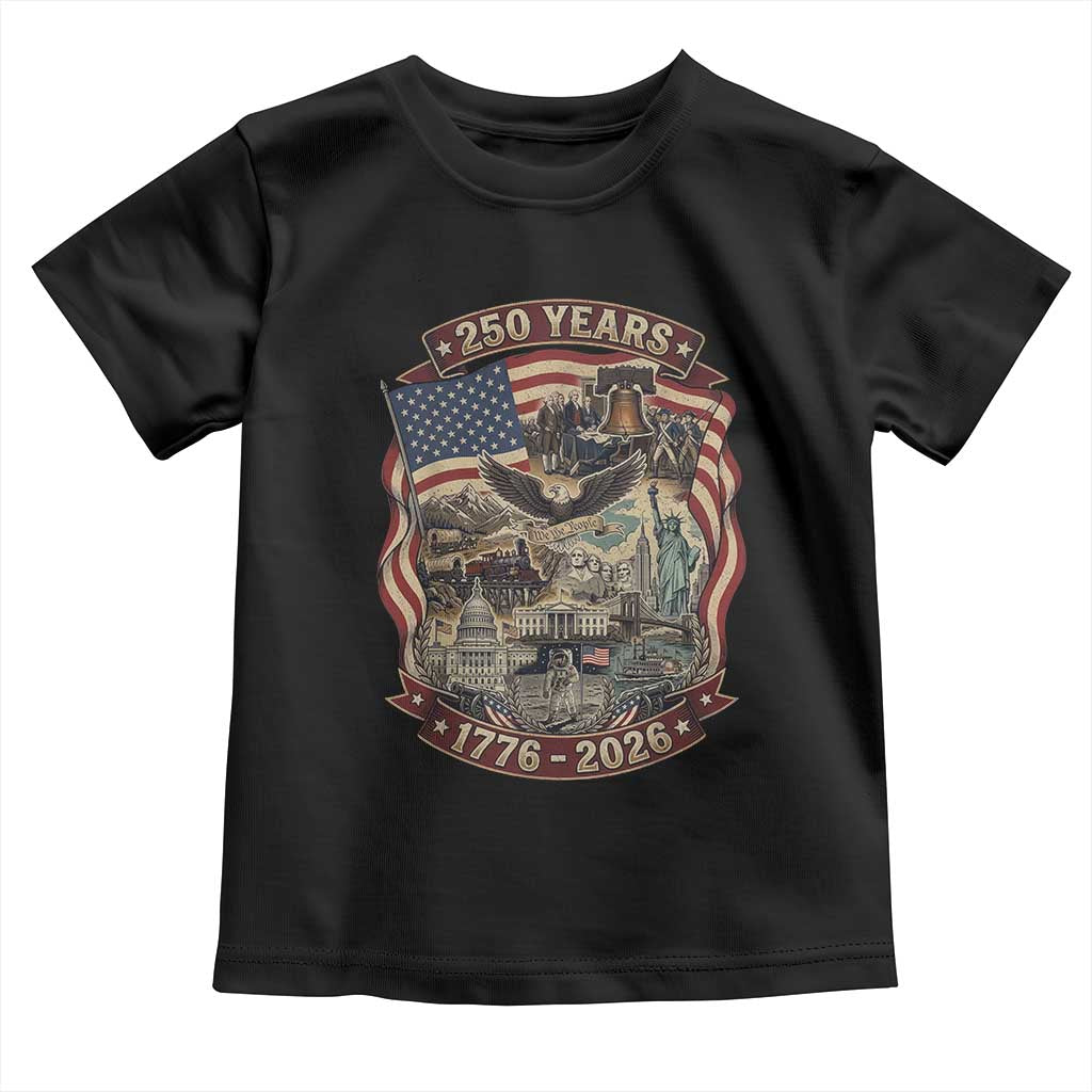 250 Years 1776 to 2026 Ultimate American Landmark Collage Toddler T Shirt Liberty Bell Eagle and US Flag Semiquincentennial Patriotic TS02 Black Print Your Wear