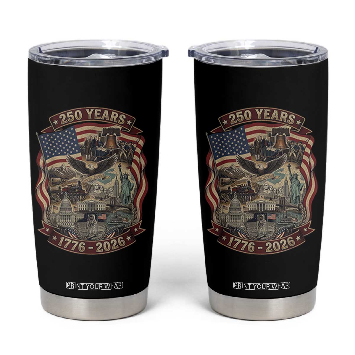 250 Years 1776 to 2026 Ultimate American Landmark Collage Tumbler Cup Liberty Bell Eagle and US Flag Semiquincentennial Patriotic TS02 Black Print Your Wear