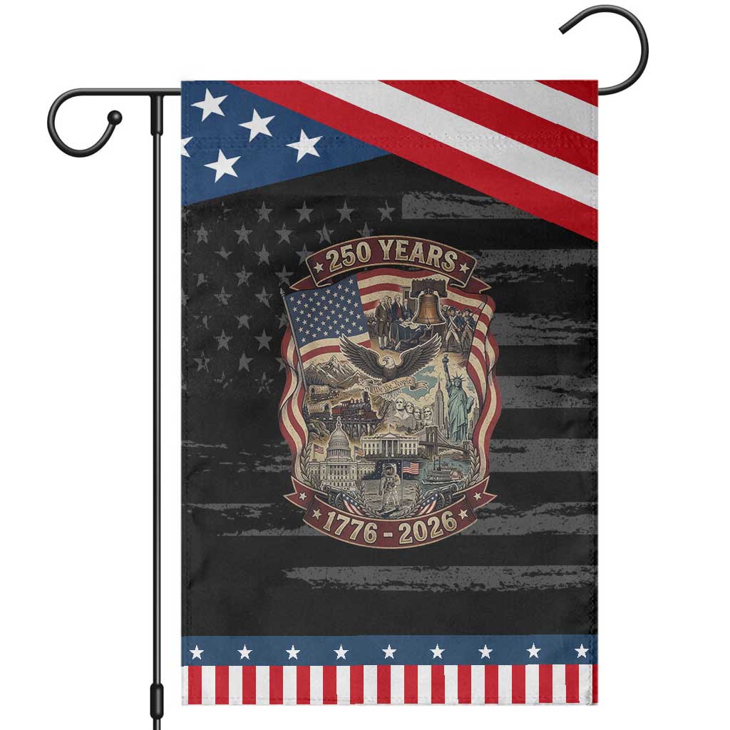 250 Years 1776 to 2026 Ultimate American Landmark Collage Patriotic Garden Flag Liberty Bell Eagle and US Flag Semiquincentennial TS02 Distressed Black Blue Print Your Wear