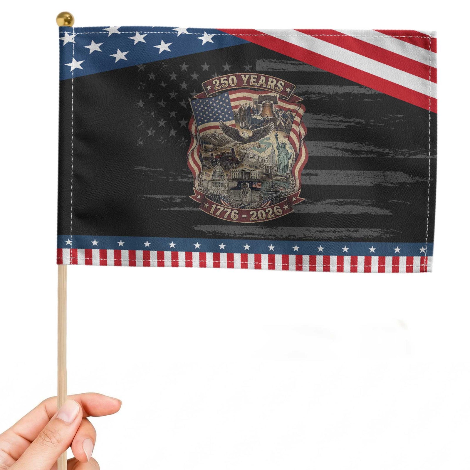250 Years 1776 to 2026 Ultimate American Landmark Collage Patriotic Handheld Flag Liberty Bell Eagle and US Flag Semiquincentennial TS02 Distressed 8.2