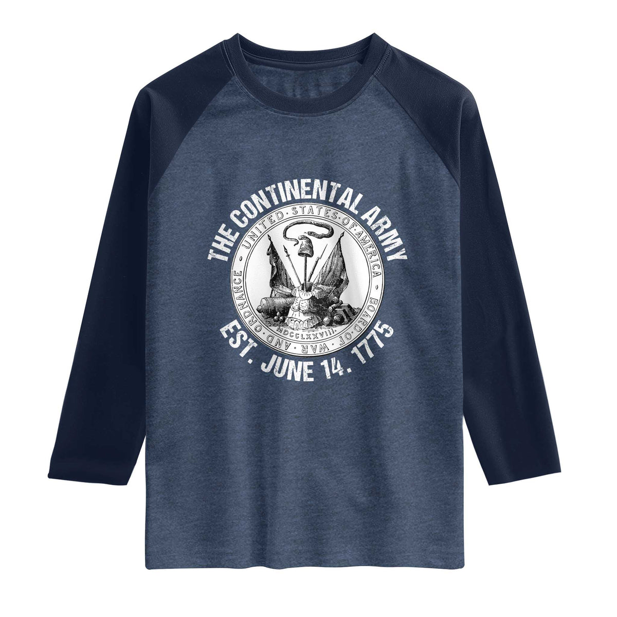 The Continental Army Est 1775 Raglan Shirt Patriotic US Military History Graphic TS02 Heather Denim Navy Print Your Wear