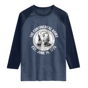 The Continental Army Est 1775 Raglan Shirt Patriotic US Military History Graphic TS02 Heather Denim Navy Print Your Wear