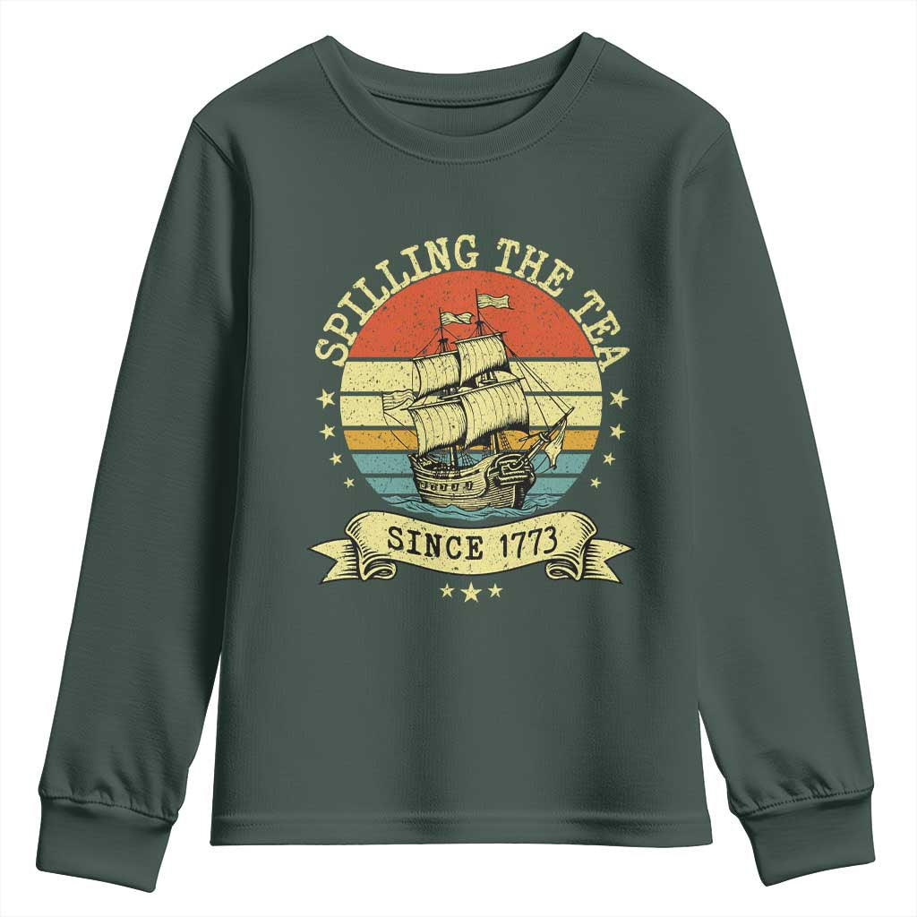 Spilling The Tea Since 1773 Youth Sweatshirt Retro Sunset Boston Tea Party History TS02 Dark Forest Green Print Your Wear