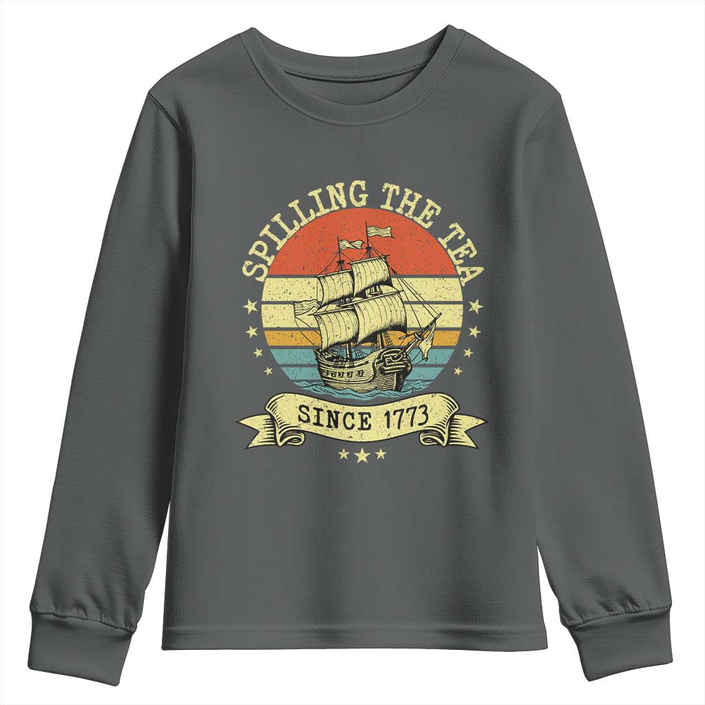 Spilling The Tea Since 1773 Youth Sweatshirt Retro Sunset Boston Tea Party History TS02 Dark Heather Print Your Wear
