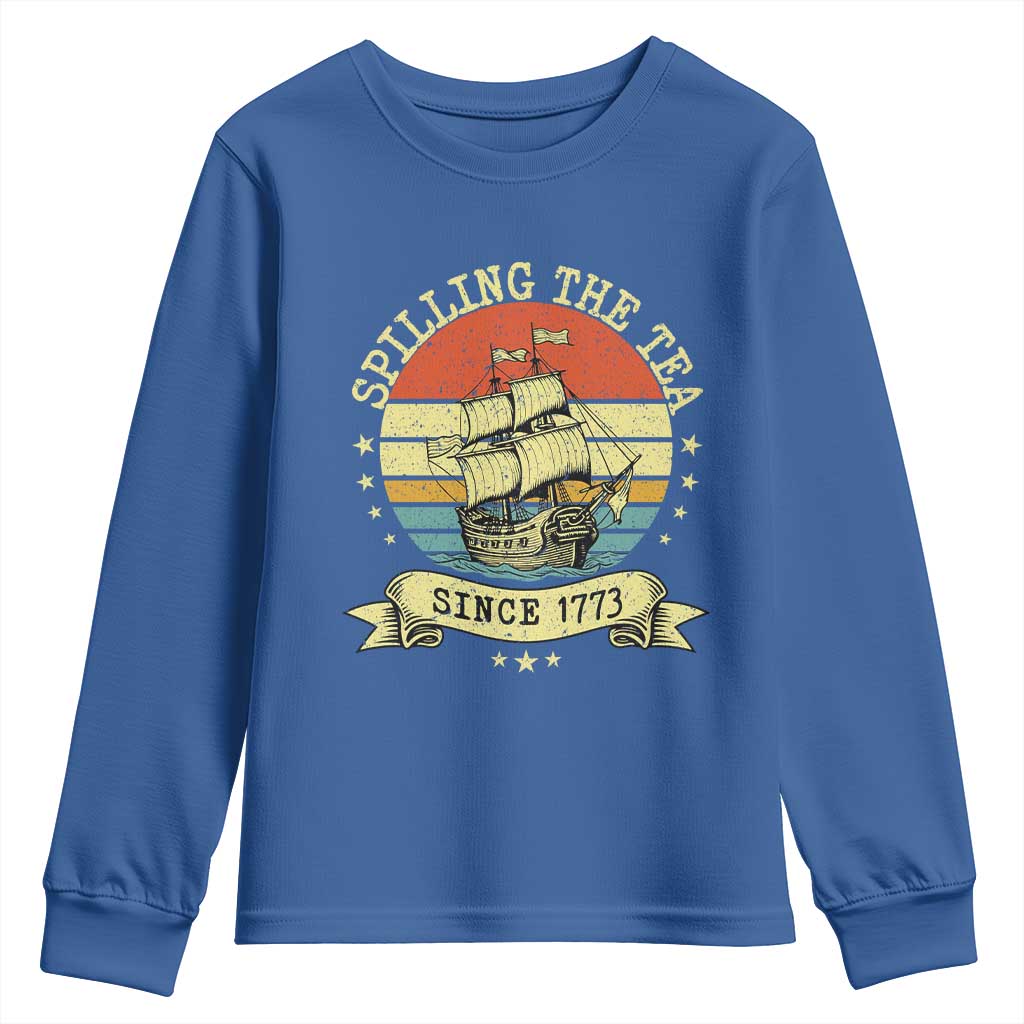 Spilling The Tea Since 1773 Youth Sweatshirt Retro Sunset Boston Tea Party History TS02 Royal Blue Print Your Wear