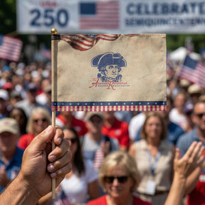 George Washington The American Revolution Patriotic Handheld Flag Distressed Sketch Historic Graphic TS02 Vintage 8.2" × 5.5" Rustic Tan Navy Print Your Wear