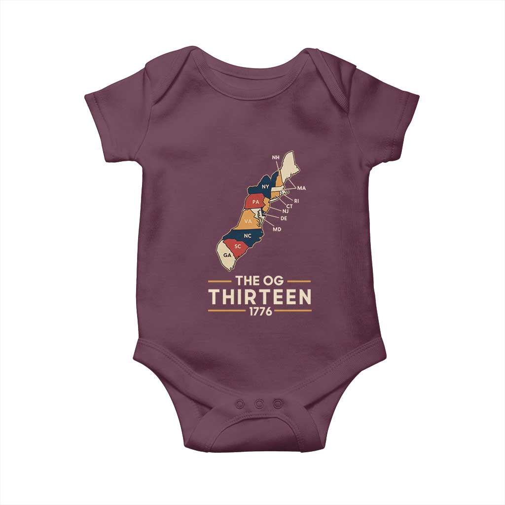 The OG Thirteen 1776 Original Colonies Map Baby Onesie Funny Retro American History TS02 Maroon Print Your Wear