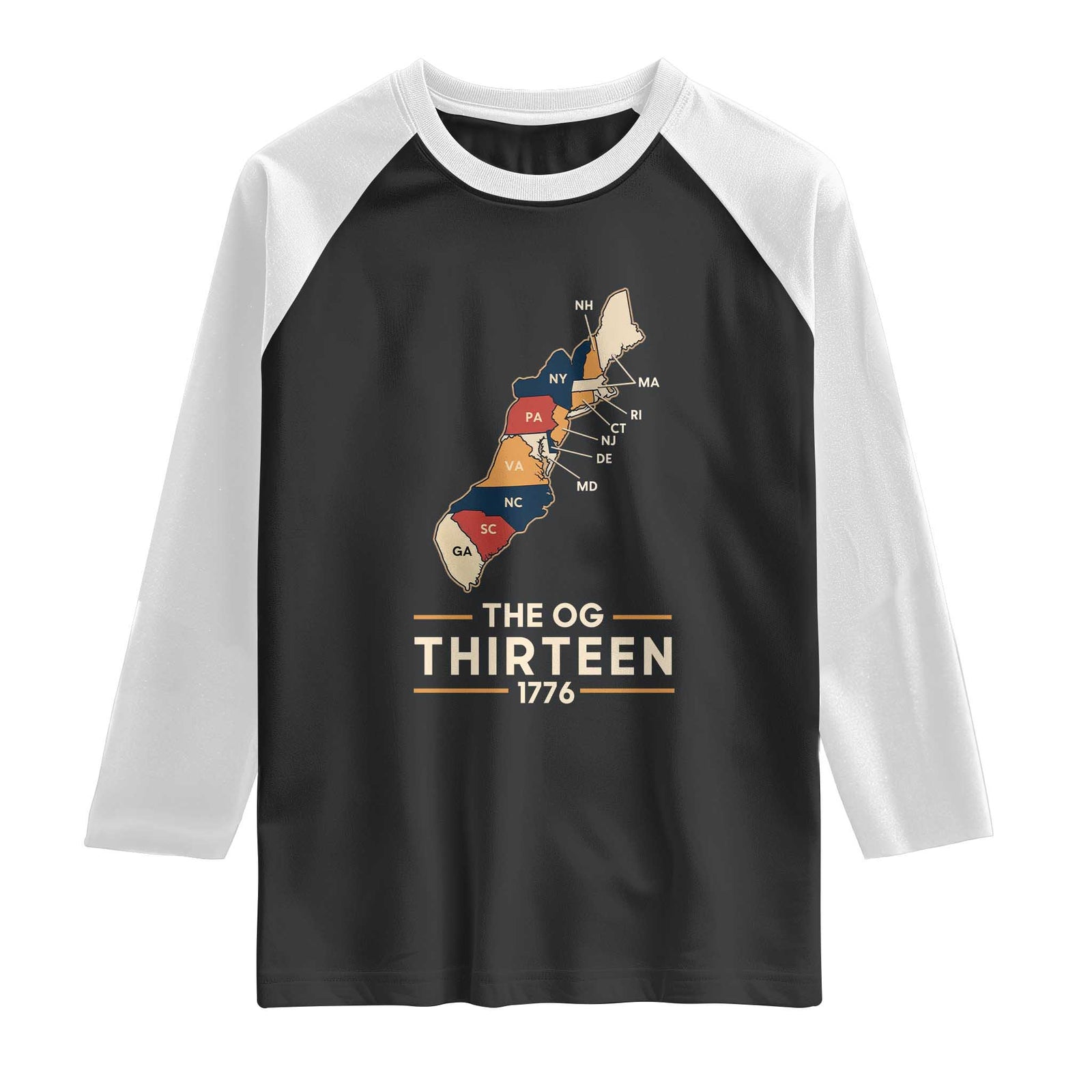 The OG Thirteen 1776 Original Colonies Map Raglan Shirt Funny Retro American History TS02 Black White Print Your Wear