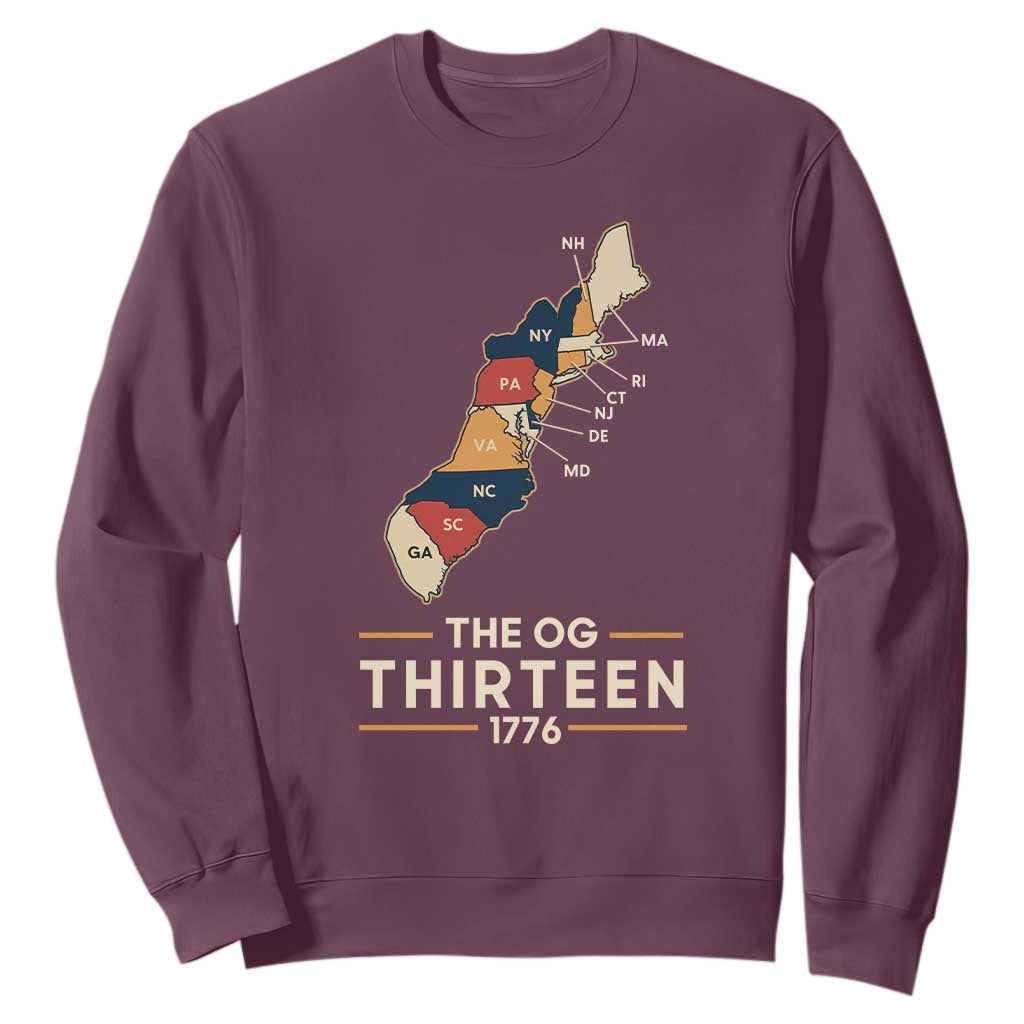 The OG Thirteen 1776 Original Colonies Map Sweatshirt Funny Retro American History TS02 Maroon Print Your Wear