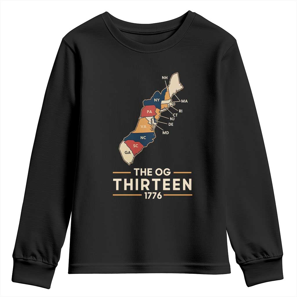 The OG Thirteen 1776 Original Colonies Map Youth Sweatshirt Funny Retro American History TS02 Black Print Your Wear