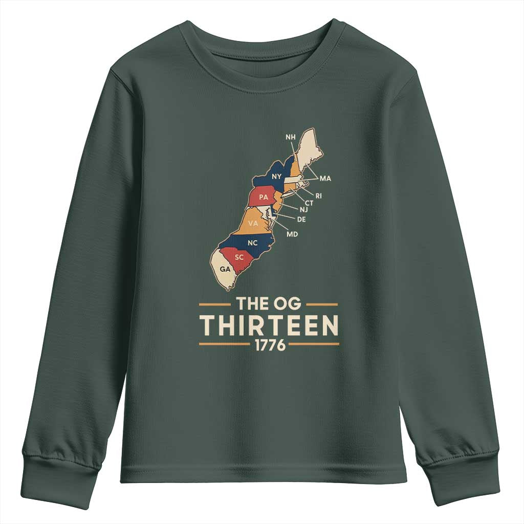 The OG Thirteen 1776 Original Colonies Map Youth Sweatshirt Funny Retro American History TS02 Dark Forest Green Print Your Wear