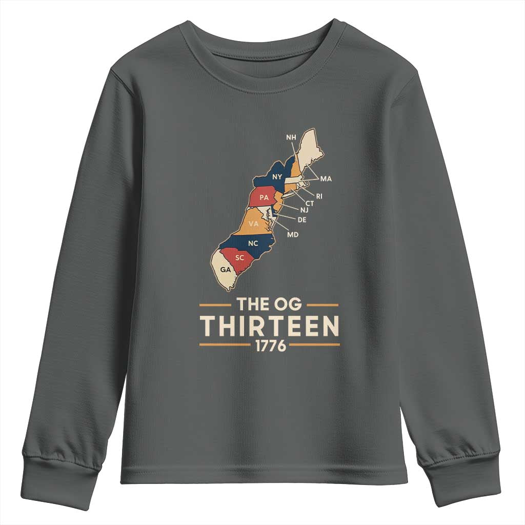 The OG Thirteen 1776 Original Colonies Map Youth Sweatshirt Funny Retro American History TS02 Dark Heather Print Your Wear