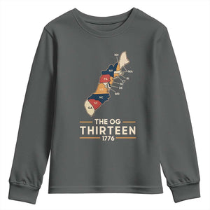 The OG Thirteen 1776 Original Colonies Map Youth Sweatshirt Funny Retro American History TS02 Dark Heather Print Your Wear