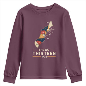 The OG Thirteen 1776 Original Colonies Map Youth Sweatshirt Funny Retro American History TS02 Maroon Print Your Wear