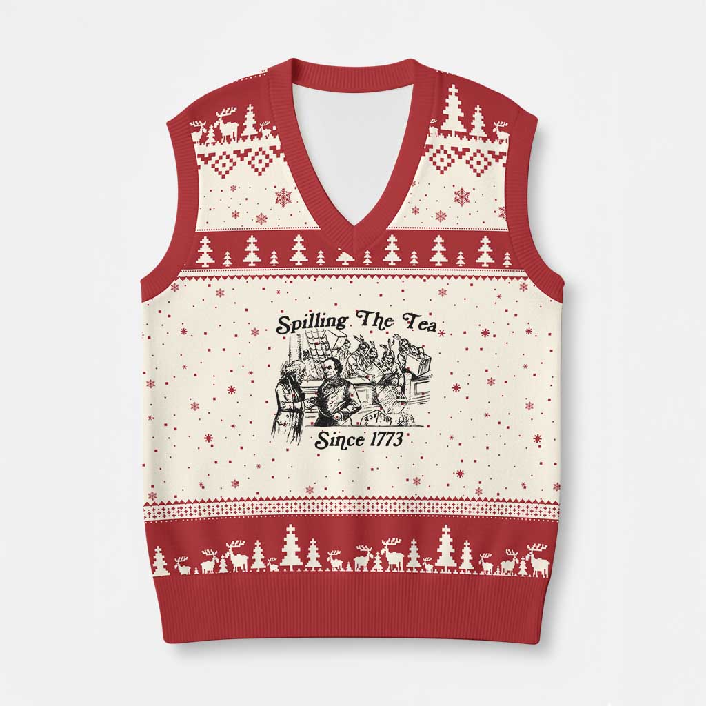 Spilling The Tea Since 1773 V-Neck Knit Sweater Vest Boston Tea Party Vintage Historical Sketch Graphic TS02 Beige Red Print Your Wear