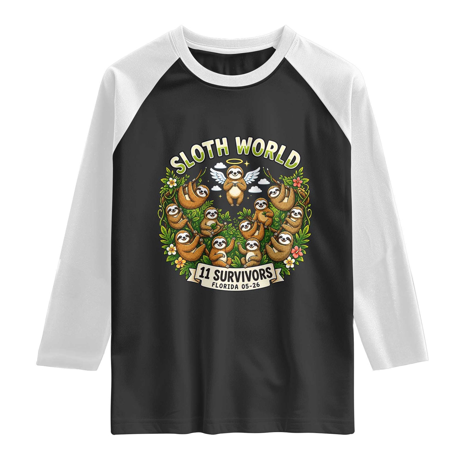 Sloth World 11 Survivors Wildlife Awareness Raglan Shirt Florida Animal Rights Protest and Support TS02 Black White Print Your Wear