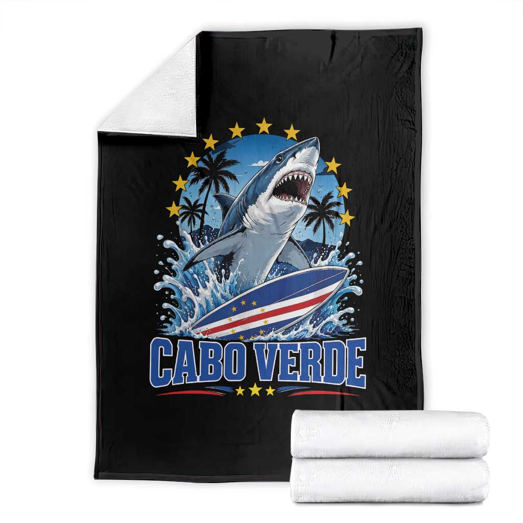 Cabo Verde Surfing Blue Shark Surfboard Throw Blanket Cape Verde Flag Tropical Ocean Wave TS02 Black Print Your Wear