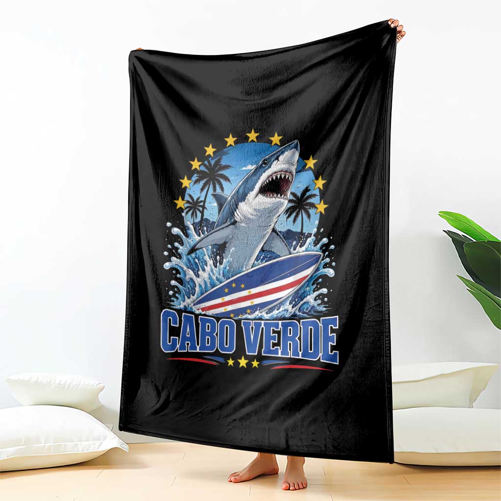 Cabo Verde Surfing Blue Shark Surfboard Throw Blanket Cape Verde Flag Tropical Ocean Wave TS02 Print Your Wear