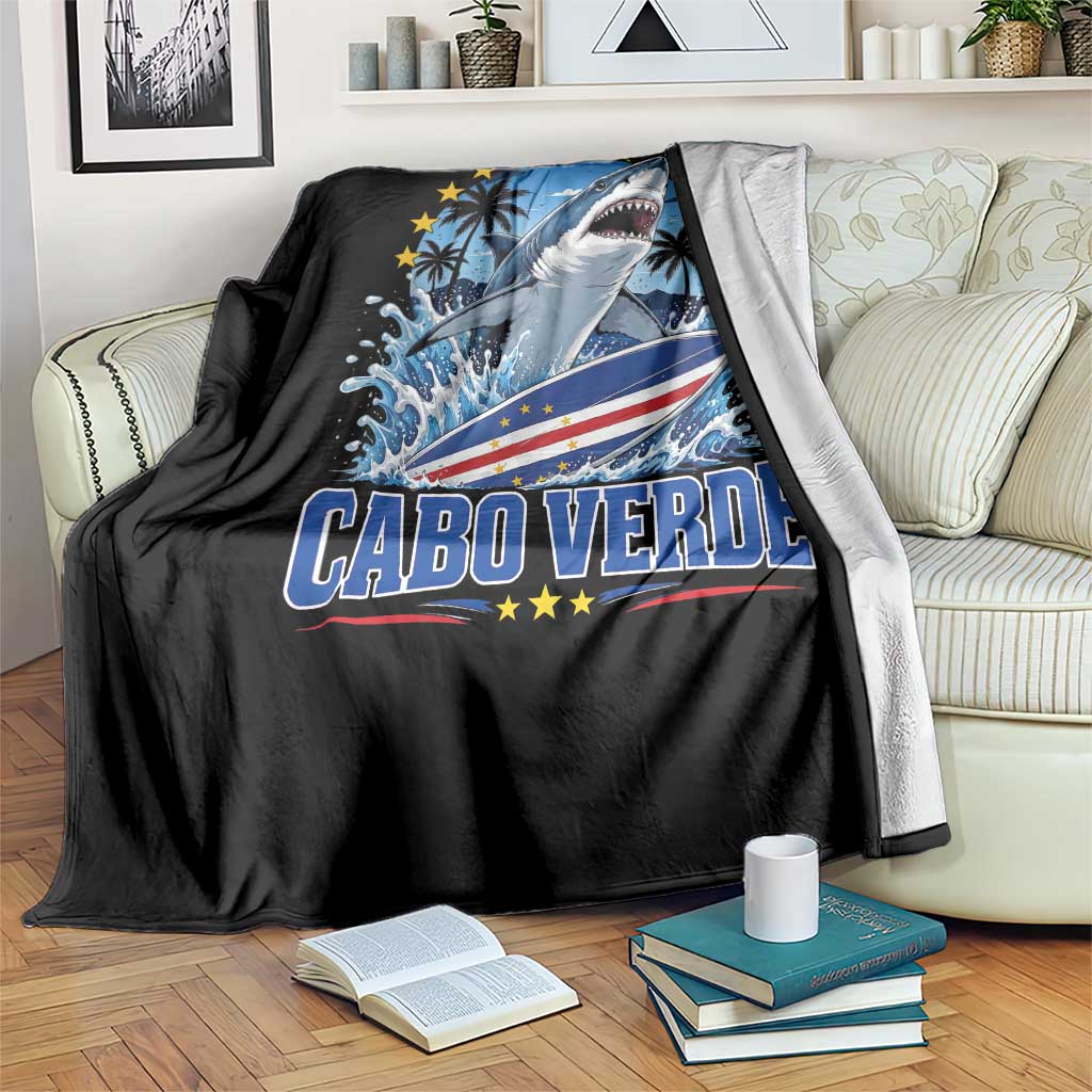Cabo Verde Surfing Blue Shark Surfboard Throw Blanket Cape Verde Flag Tropical Ocean Wave TS02 Print Your Wear