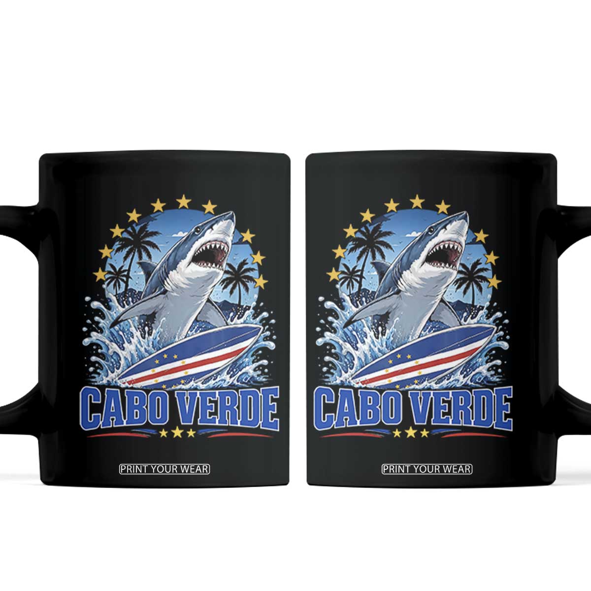 Cabo Verde Surfing Blue Shark Surfboard Coffee Mug Cape Verde Flag Tropical Ocean Wave TS02 Black Print Your Wear