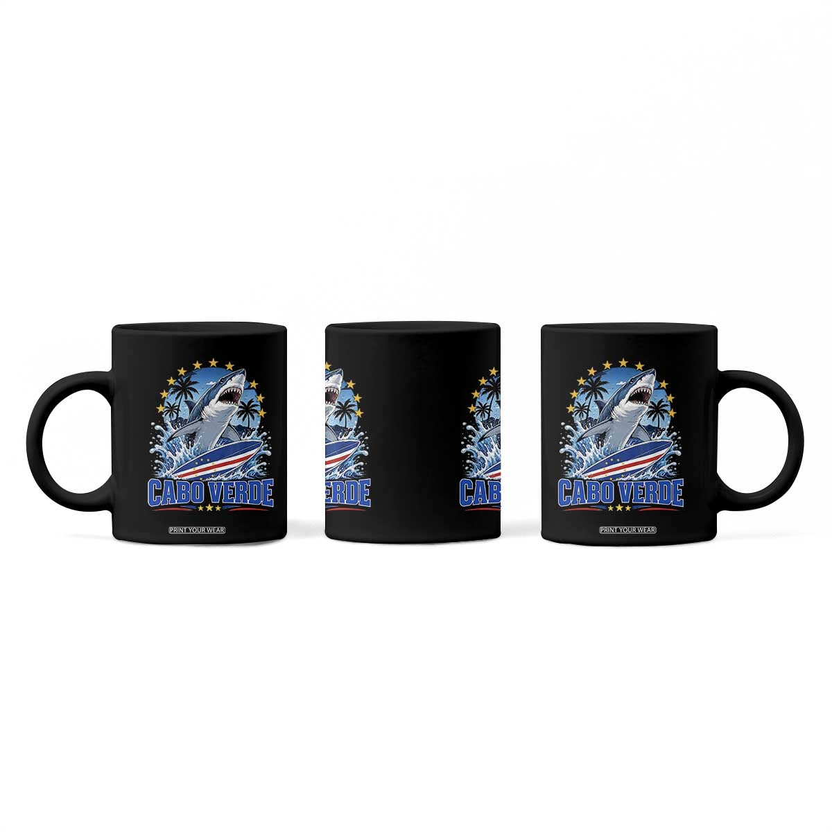 Cabo Verde Surfing Blue Shark Surfboard Coffee Mug Cape Verde Flag Tropical Ocean Wave TS02 Print Your Wear