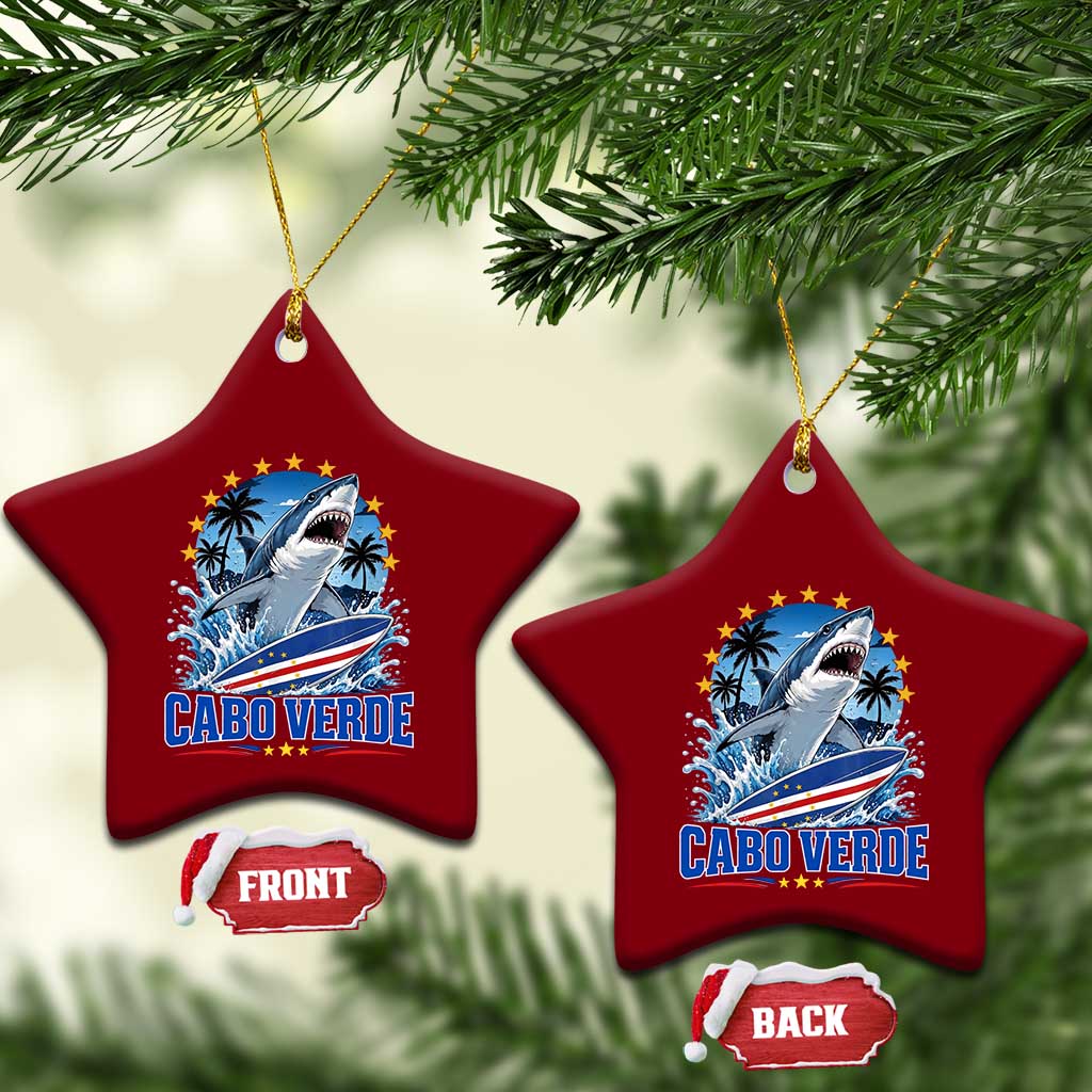 Cabo Verde Surfing Blue Shark Surfboard Ceramic Ornament Cape Verde Flag Tropical Ocean Wave TS02 Print Your Wear