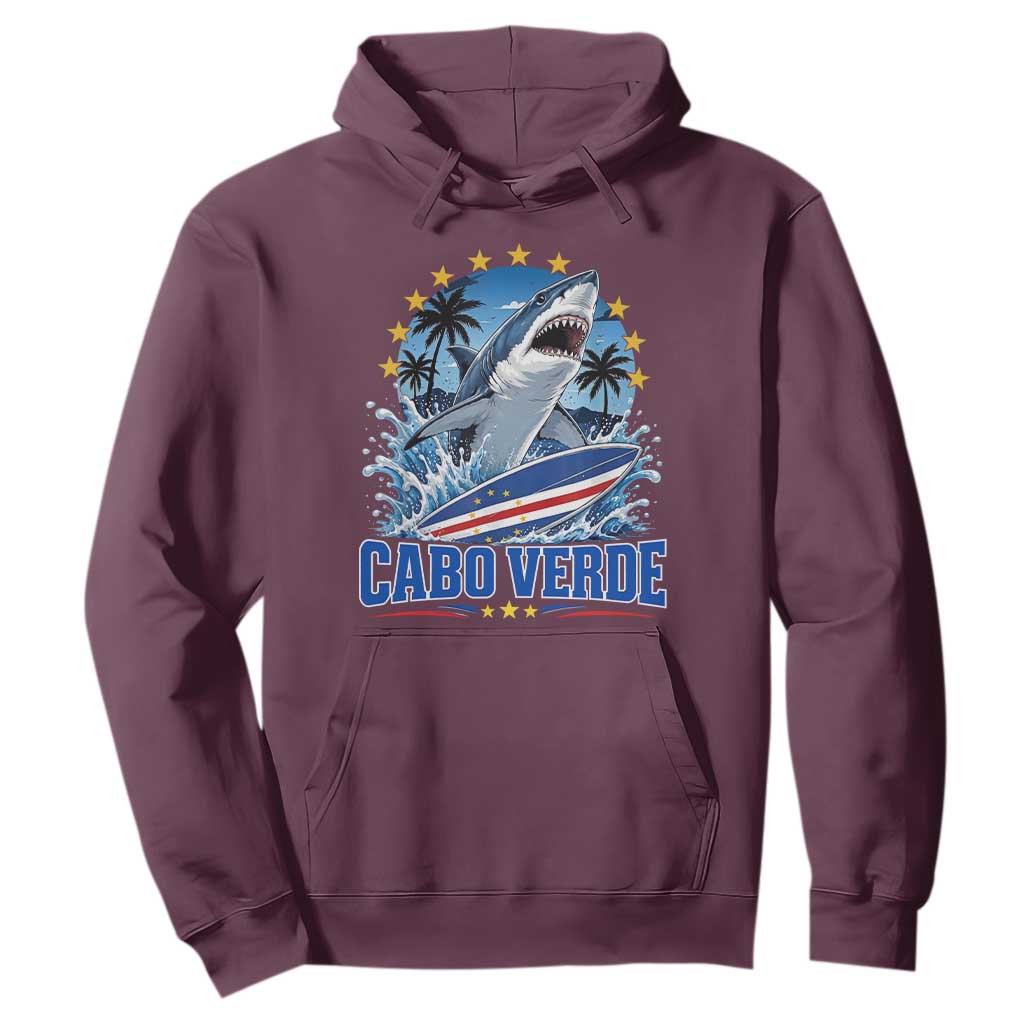 Cabo Verde Surfing Blue Shark Surfboard Hoodie Cape Verde Flag Tropical Ocean Wave TS02 Maroon Print Your Wear