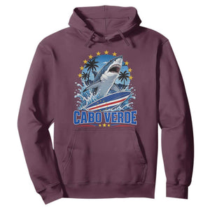 Cabo Verde Surfing Blue Shark Surfboard Hoodie Cape Verde Flag Tropical Ocean Wave TS02 Maroon Print Your Wear