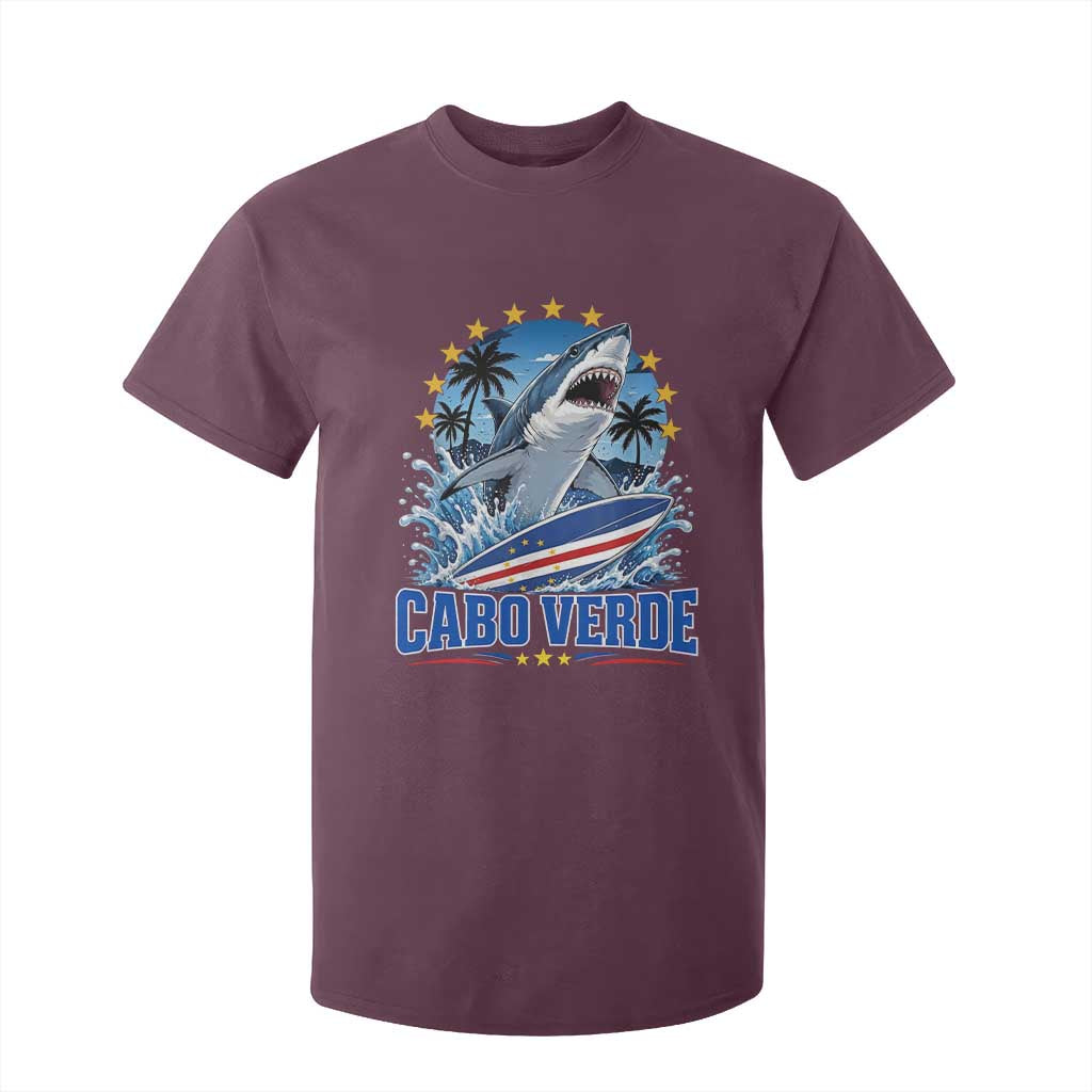 Cabo Verde Surfing Blue Shark Surfboard T Shirt For Kid Cape Verde Flag Tropical Ocean Wave TS02 Maroon Print Your Wear