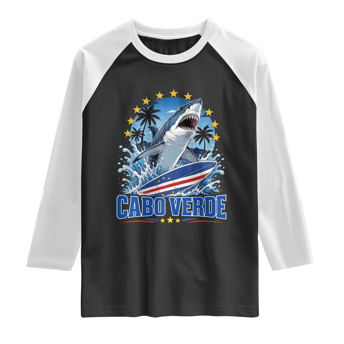 Cabo Verde Surfing Blue Shark Surfboard Raglan Shirt Cape Verde Flag Tropical Ocean Wave TS02 Black White Print Your Wear