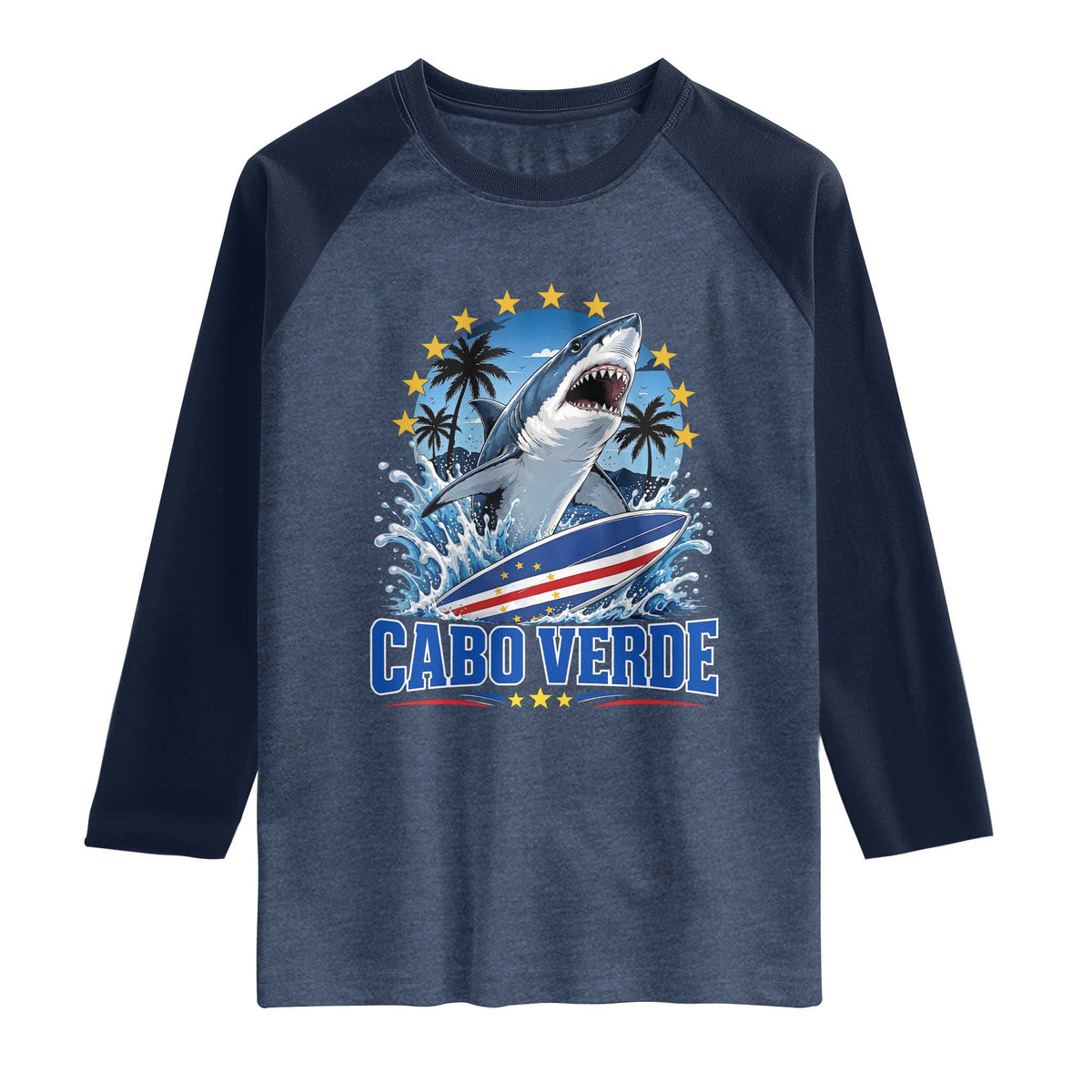 Cabo Verde Surfing Blue Shark Surfboard Raglan Shirt Cape Verde Flag Tropical Ocean Wave TS02 Heather Denim Navy Print Your Wear
