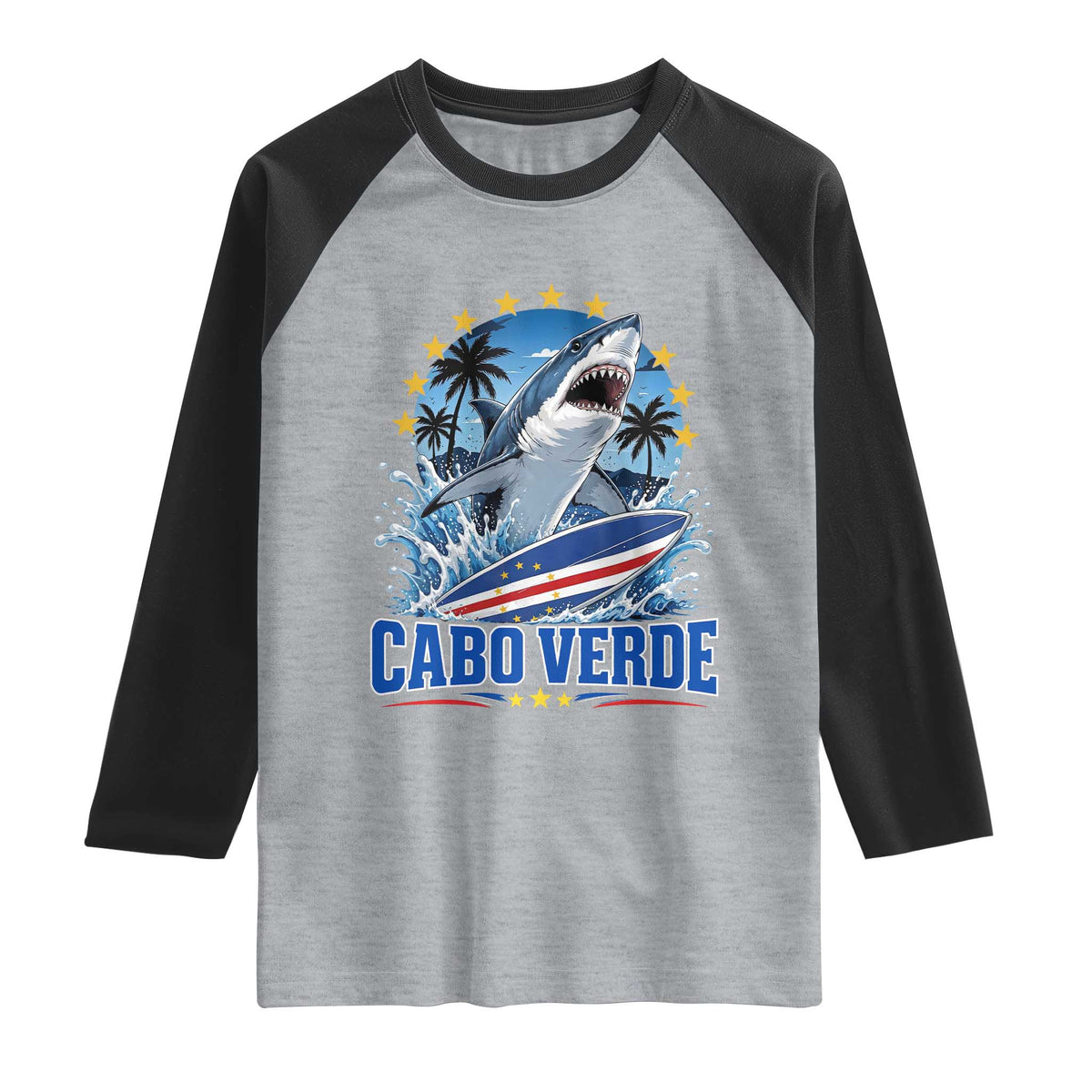 Cabo Verde Surfing Blue Shark Surfboard Raglan Shirt Cape Verde Flag Tropical Ocean Wave TS02 Heather Gray Black Print Your Wear