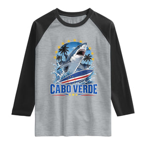 Cabo Verde Surfing Blue Shark Surfboard Raglan Shirt Cape Verde Flag Tropical Ocean Wave TS02 Heather Gray Black Print Your Wear