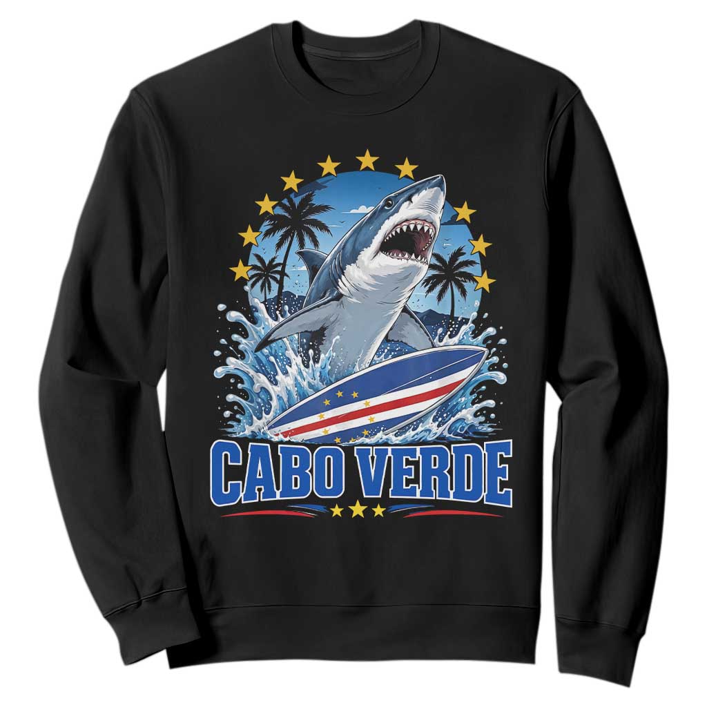 Cabo Verde Surfing Blue Shark Surfboard Sweatshirt Cape Verde Flag Tropical Ocean Wave TS02 Black Print Your Wear