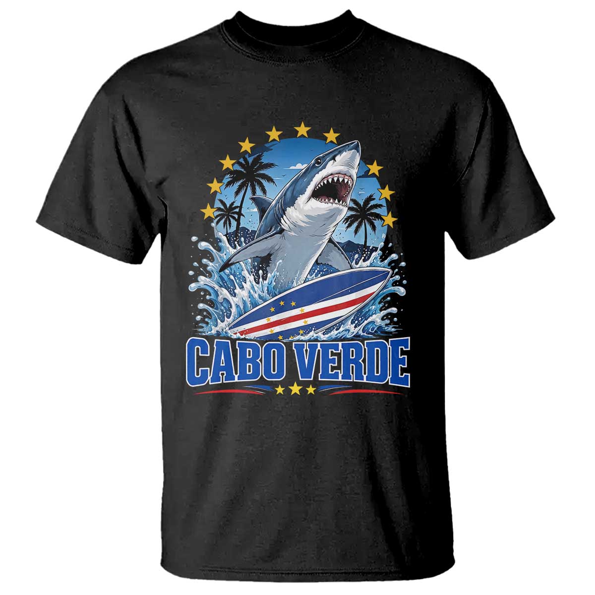 Cabo Verde Surfing Blue Shark Surfboard T Shirt Cape Verde Flag Tropical Ocean Wave TS02 Black Print Your Wear