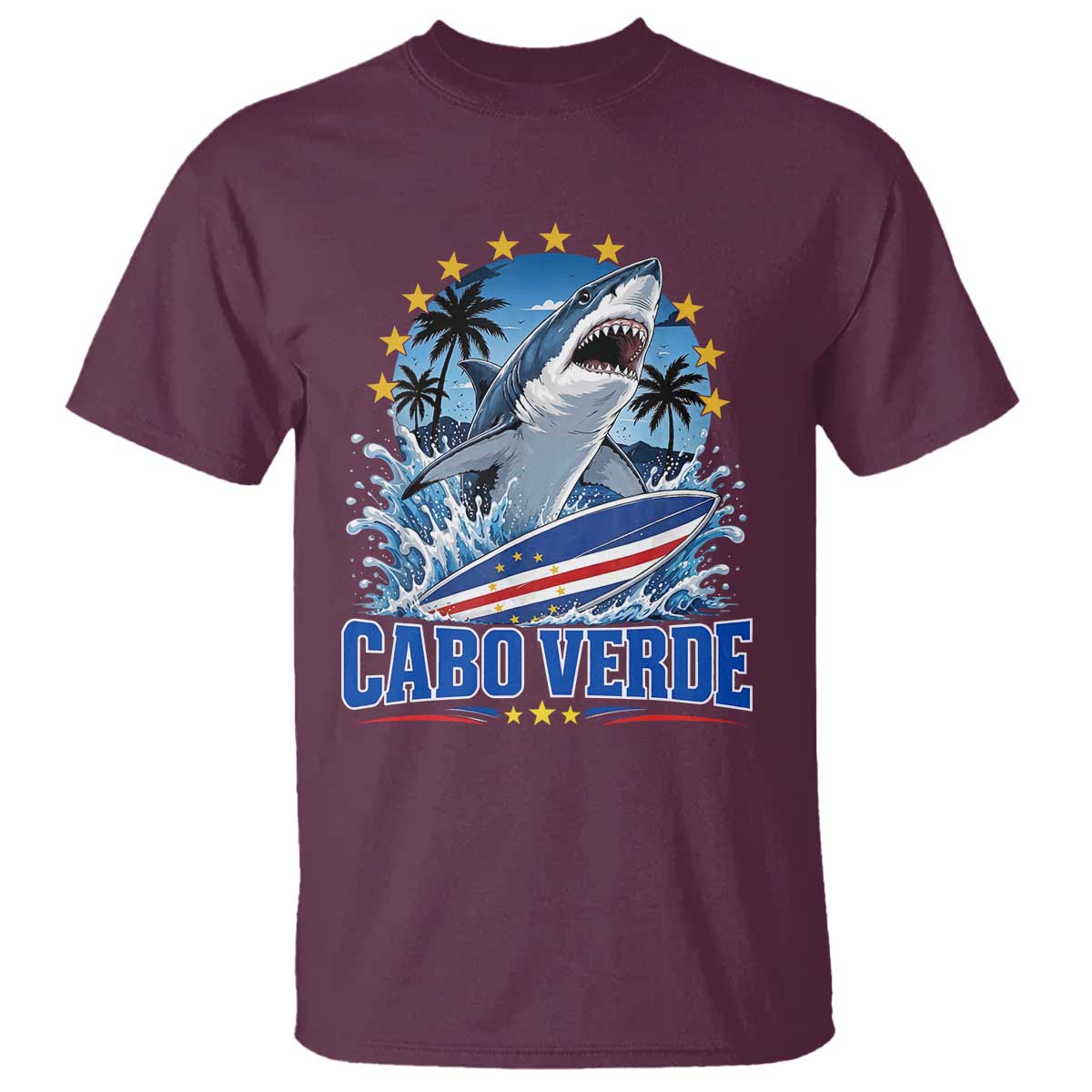 Cabo Verde Surfing Blue Shark Surfboard T Shirt Cape Verde Flag Tropical Ocean Wave TS02 Maroon Print Your Wear