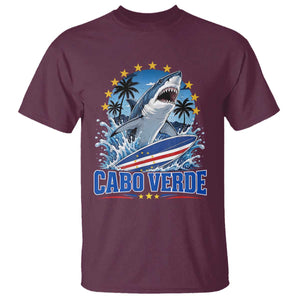 Cabo Verde Surfing Blue Shark Surfboard T Shirt Cape Verde Flag Tropical Ocean Wave TS02 Maroon Print Your Wear